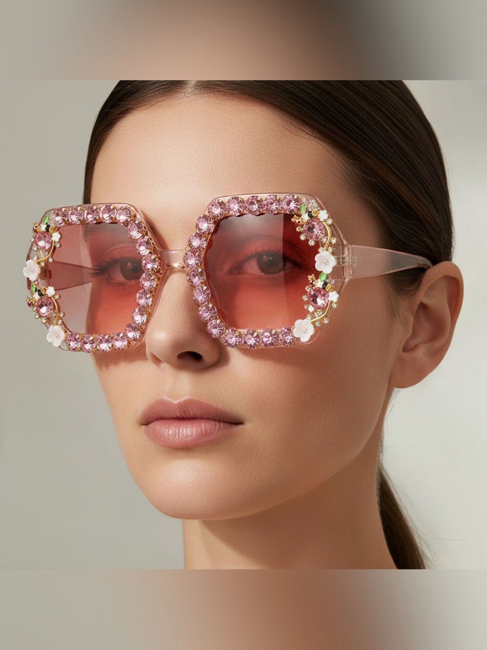 Pink Crystal Embellished Square Sunglasses